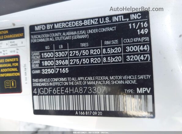 4JGDF6EE4HA873307 2017 MERCEDES-BENZ GLS 450 White ძრავის განყოფილების ხედი