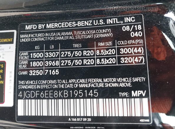 4JGDF6EE8KB195145 2019 MERCEDES-BENZ GLS 450 Black Вид підкапотного простору