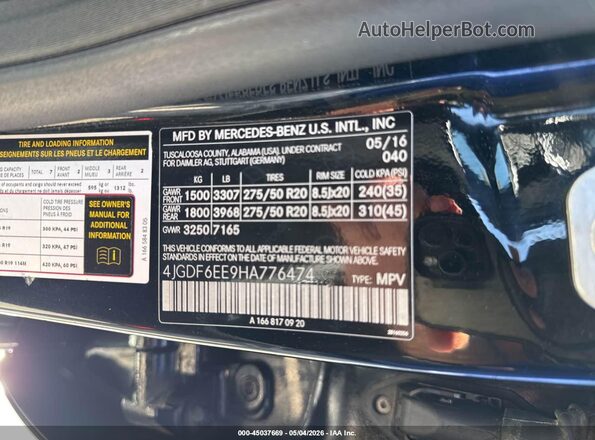 4JGDF6EE9HA776474 2017 MERCEDES-BENZ GLS 450 Black Շարժիչի բաժամունքի տեսք