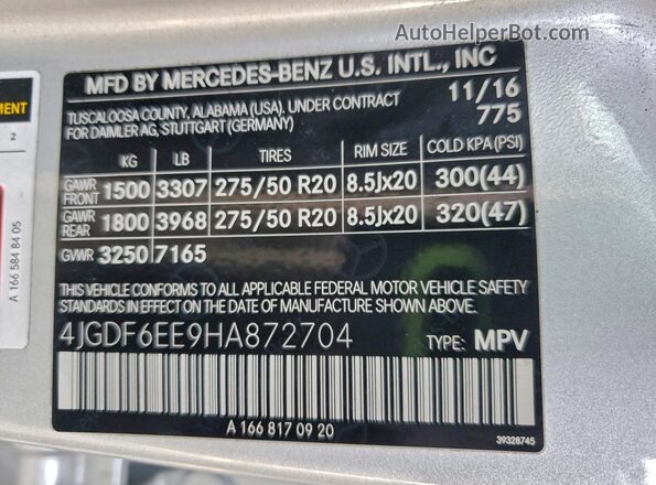 4JGDF6EE9HA872704 2017 MERCEDES-BENZ GLS Silver Widok naklejki z numerem VIN