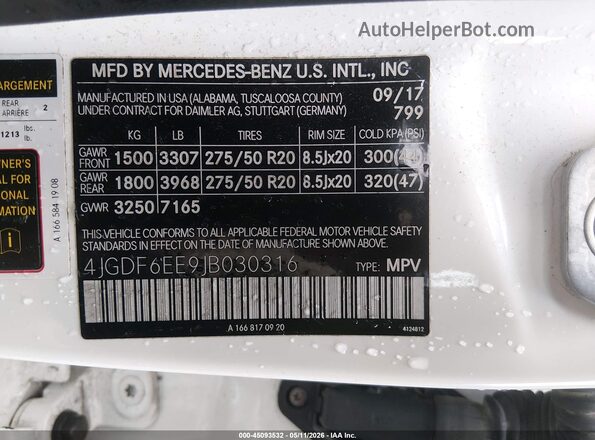 4JGDF6EE9JB030316 2018 MERCEDES-BENZ GLS 450 White Widok komory silnika