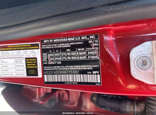 4JGDF6EEXHA775382 2017 MERCEDES-BENZ GLS 450 Red ძრავის განყოფილების ხედი