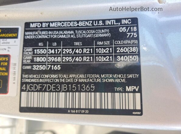 4JGDF7DE3JB151365 2018 MERCEDES-BENZ GLS Silver Вид наклейки з VIN-кодом
