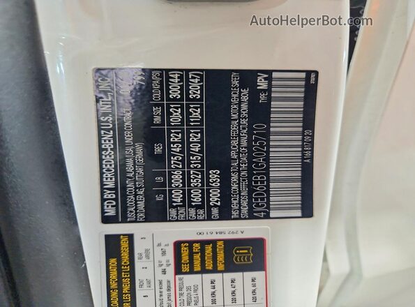 4JGED6EB1GA025710 2016 MERCEDES-BENZ GLE White Vista de la etiqueta del VIN