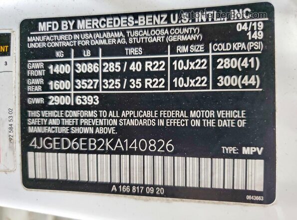 4JGED6EB2KA140826 2019 MERCEDES-BENZ GLE White VIN კოდის სტიკერის ხედი