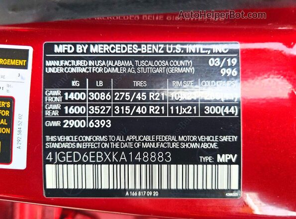 4JGED6EBXKA148883 2019 MERCEDES-BENZ GLE Красный Вид задних сидений