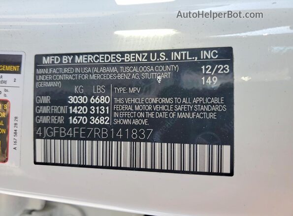 4JGFB4FE7RB141837 2024 MERCEDES-BENZ GLE Белый Панорамный вид салона 360°