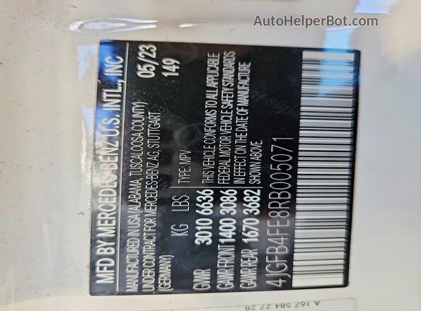4JGFB4FE8RB005071 2024 MERCEDES-BENZ GLE White Vista de la etiqueta del VIN