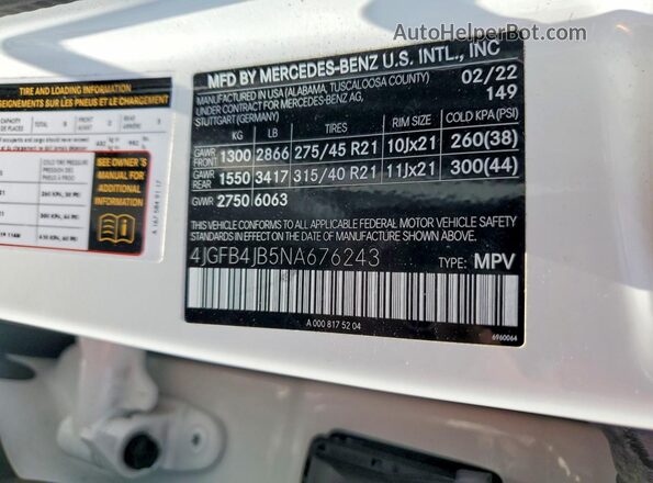 4JGFB4JB5NA676243 2022 MERCEDES-BENZ GLE White Вид наклейки з VIN-кодом