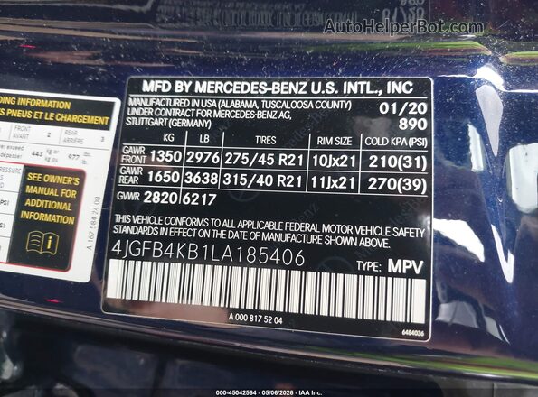 4JGFB4KB1LA185406 2020 MERCEDES-BENZ GLE 350 Dark Blue Вид подкапотного пространства