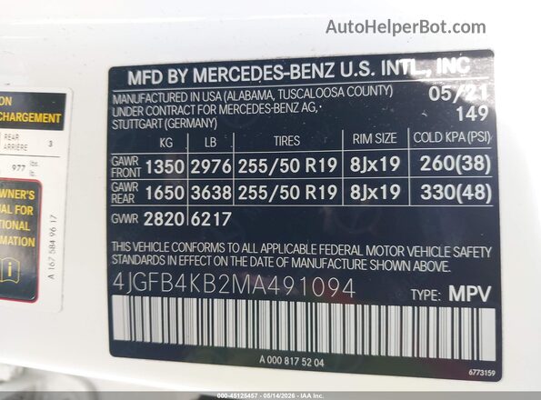 4JGFB4KB2MA491094 2021 MERCEDES-BENZ GLE 350 White Widok komory silnika