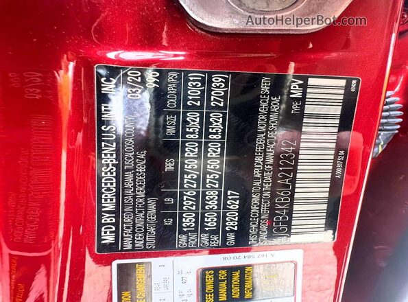 4JGFB4KB6LA212342 2020 MERCEDES-BENZ GLE Burgundy Widok tylnych siedzeń