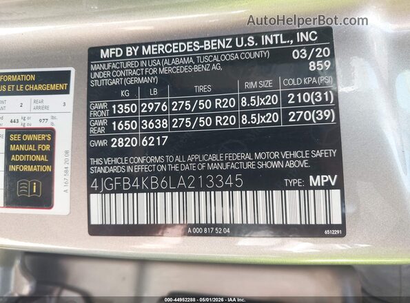 4JGFB4KB6LA213345 2020 MERCEDES-BENZ GLE 350 Silver Vista del compartimento del motor