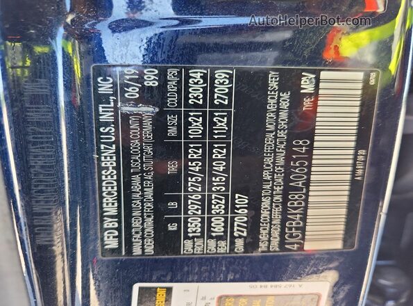 4JGFB4KB8LA065148 2020 MERCEDES-BENZ GLE Blue Вид наклейки з VIN-кодом
