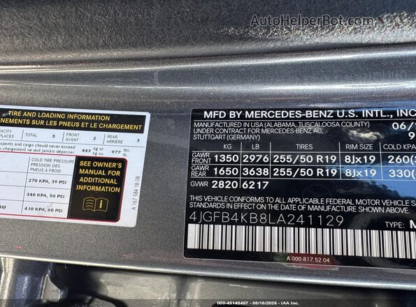 4JGFB4KB8LA241129 2020 MERCEDES-BENZ GLE 350 Gray Vista del compartimento del motor