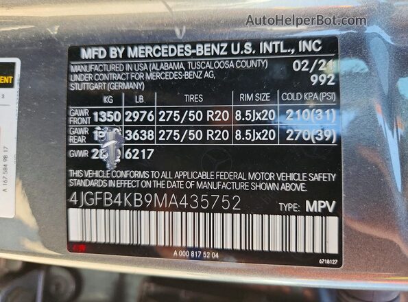 4JGFB4KB9MA435752 2021 MERCEDES-BENZ GLE Gray Engine compartment view