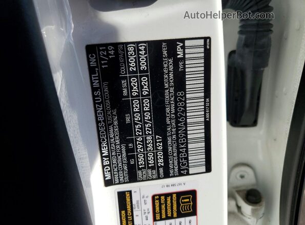 4JGFB4KB9NA629828 2022 MERCEDES-BENZ GLE White Widok naklejki z numerem VIN