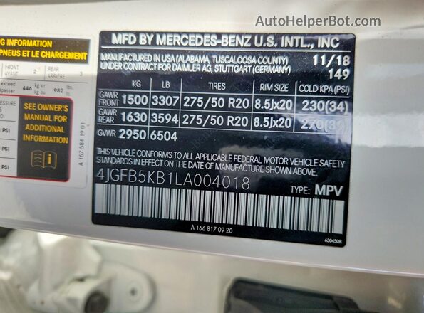 4JGFB5KB1LA004018 2020 MERCEDES-BENZ GLE Белый Вид наклейки с VIN-кодом
