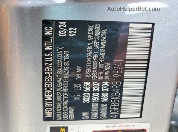4JGFB5KB4RB198241 2024 MERCEDES-BENZ GLE Silver Widok naklejki z numerem VIN
