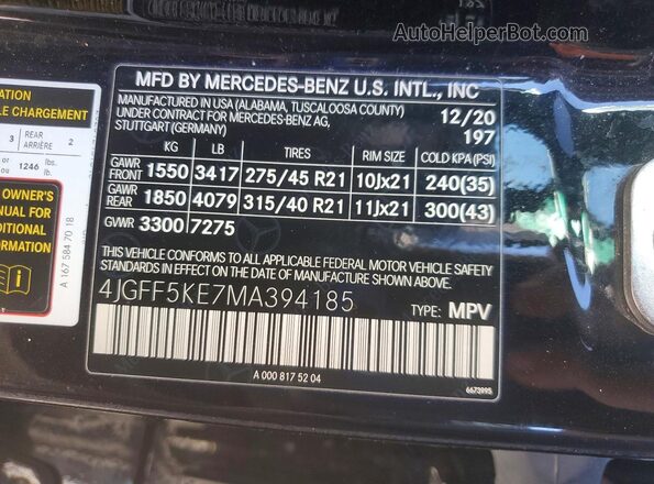 4JGFF5KE7MA394185 2021 MERCEDES-BENZ GLS Black Widok naklejki z numerem VIN