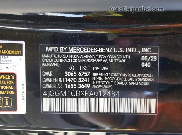 4JGGM1CBXPA012484 2023 MERCEDES-BENZ EQE Черный Вид наклейки с VIN-кодом