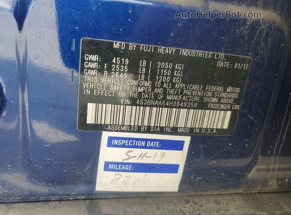 4S3BNAA64H3049358 2017 SUBARU LEGACY Синий Вид подкапотного пространства