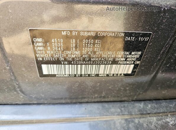 4S3BNAA66J3023639 2018 SUBARU LEGACY Серый Вид наклейки с VIN-кодом