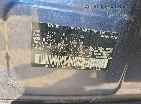4S3BNAC65H3031089 2017 SUBARU LEGACY Синий Вид подкапотного пространства
