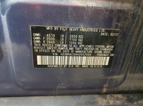 4S3BNAC66H3052999 2017 SUBARU LEGACY Синий Вид наклейки с VIN-кодом