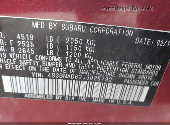 4S3BNAD63J3035792 2018 SUBARU LEGACY Бордовый Вид подкапотного пространства