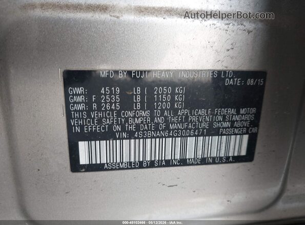 4S3BNAN64G3006471 2016 SUBARU LEGACY Серебряный Вид подкапотного пространства