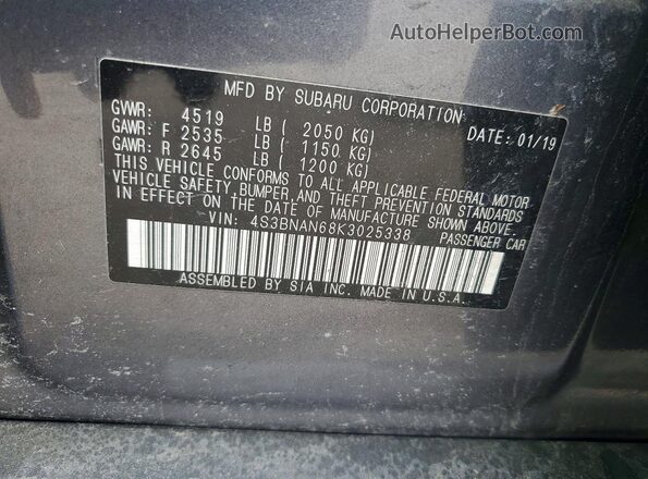 4S3BNAN68K3025338 2019 SUBARU LEGACY Угольный Вид наклейки с VIN-кодом