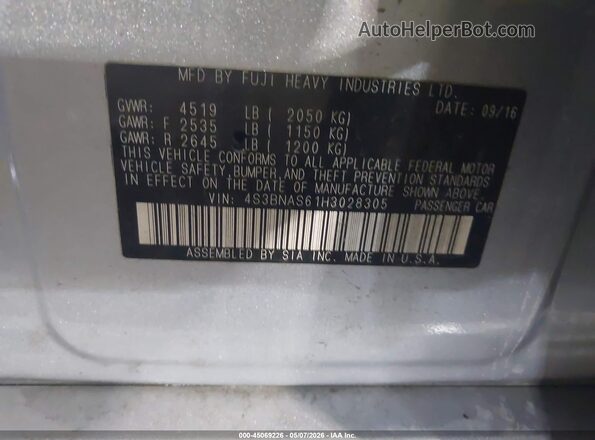 4S3BNAS61H3028305 2017 SUBARU LEGACY Серый Вид подкапотного пространства
