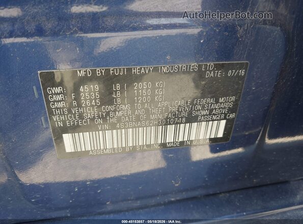 4S3BNAS62H3010718 2017 SUBARU LEGACY Blue Vista del compartimento del motor