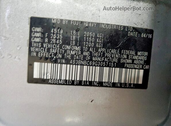 4S3BNBC69G3057151 2016 SUBARU LEGACY Silver VIN կոդի պիտակի տեսք