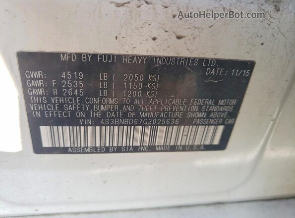 4S3BNBD67G3025636 2016 SUBARU LEGACY White VIN sticker view
