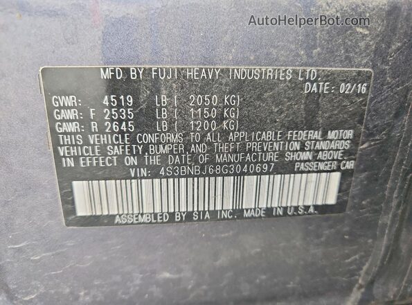 4S3BNBJ68G3040697 2016 SUBARU LEGACY Gray ძრავის განყოფილების ხედი