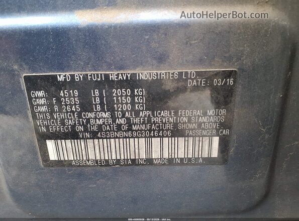 4S3BNBN69G3046406 2016 SUBARU LEGACY Blue Engine compartment view