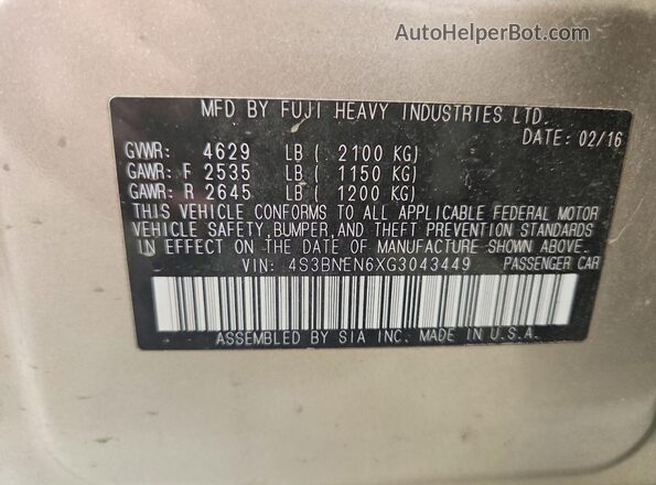 4S3BNEN6XG3043449 2016 SUBARU LEGACY Серебряный Вид наклейки с VIN-кодом