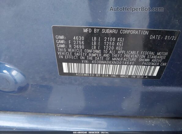 4S3BWAB6XN3014640 2022 SUBARU LEGACY Синий Вид подкапотного пространства