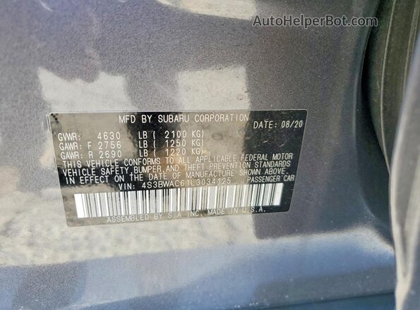 4S3BWAC61L3034125 2020 SUBARU LEGACY Угольный Вид подкапотного пространства