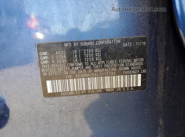 4S3BWAC64L3012748 2020 SUBARU LEGACY Blue Вид підкапотного простору