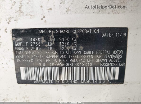 4S3BWAC6XL3013340 2020 SUBARU LEGACY White Widok komory silnika