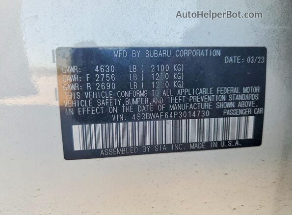 4S3BWAF64P3014730 2023 SUBARU LEGACY White VIN կոդի պիտակի տեսք