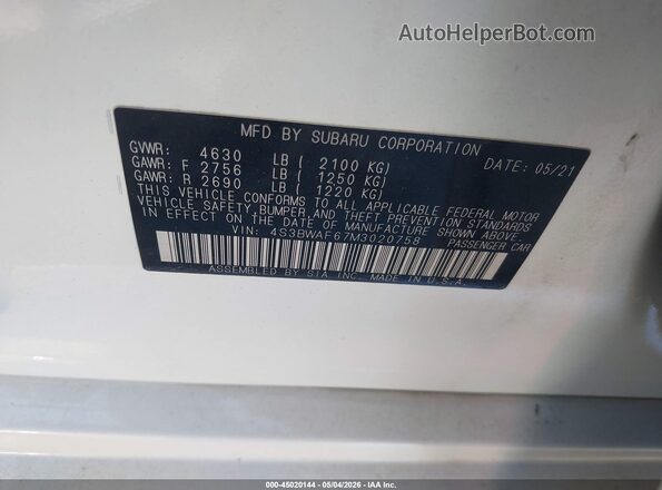 4S3BWAF67M3020758 2021 SUBARU LEGACY White Widok komory silnika