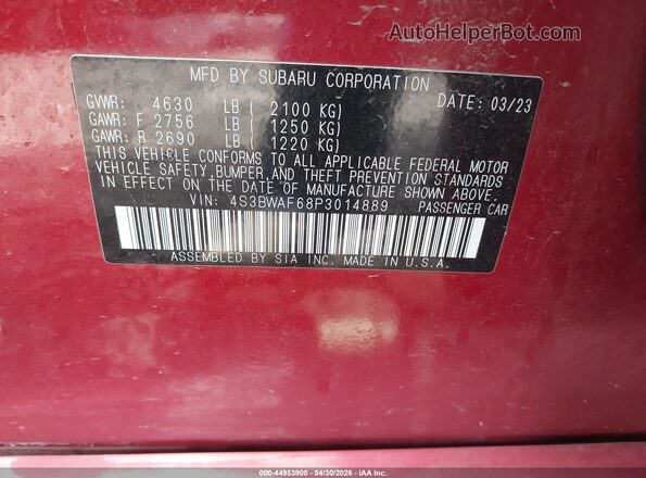 4S3BWAF68P3014889 2023 SUBARU LEGACY Красный Вид подкапотного пространства
