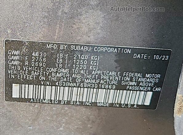 4S3BWAF68R3016869 2024 SUBARU LEGACY Gray Widok naklejki z numerem VIN