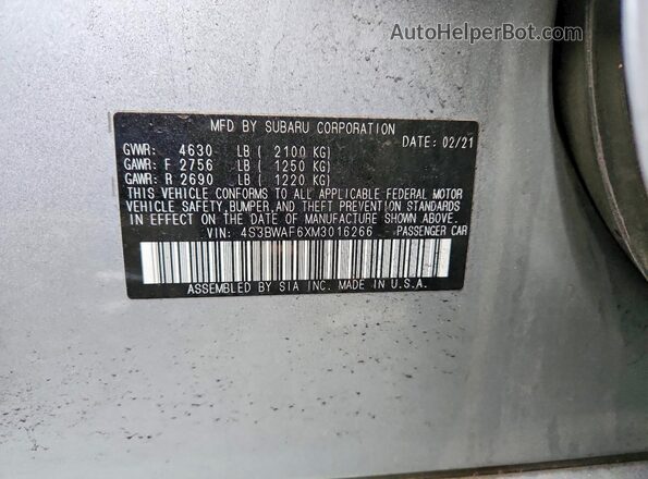 4S3BWAF6XM3016266 2021 SUBARU LEGACY Серебряный Вид подкапотного пространства