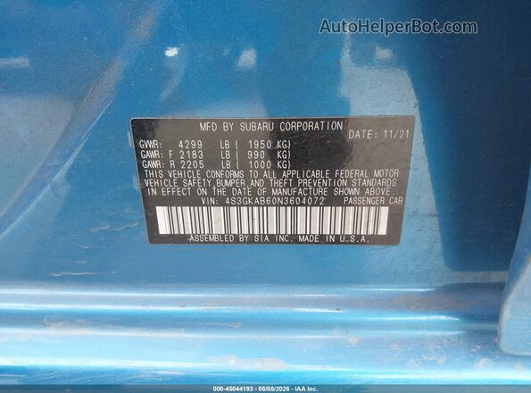 4S3GKAB60N3604072 2022 SUBARU IMPREZA Синий Вид подкапотного пространства