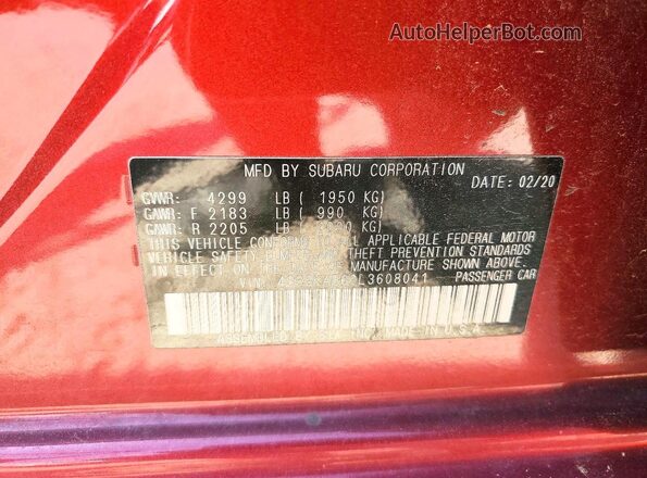 4S3GKAB62L3608041 2020 SUBARU IMPREZA Бордовый Вид наклейки с VIN-кодом